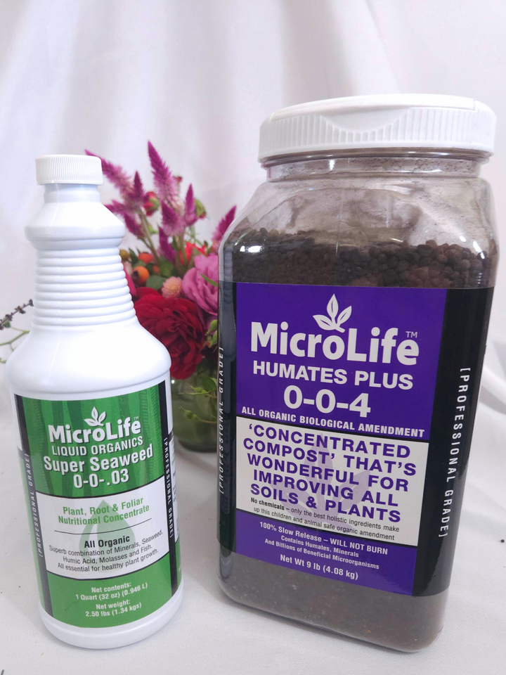 2 items that make up the bundled gift set recommendation from professional gardeners, a liquid bottle on left and a container of solids on right